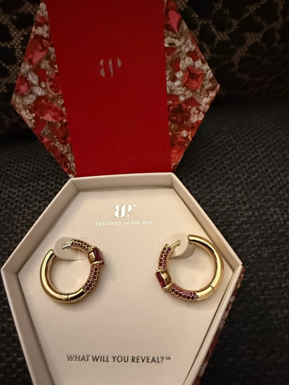 Gold Hoop Earrings with Pink Crystal Accents - Designed in USA
